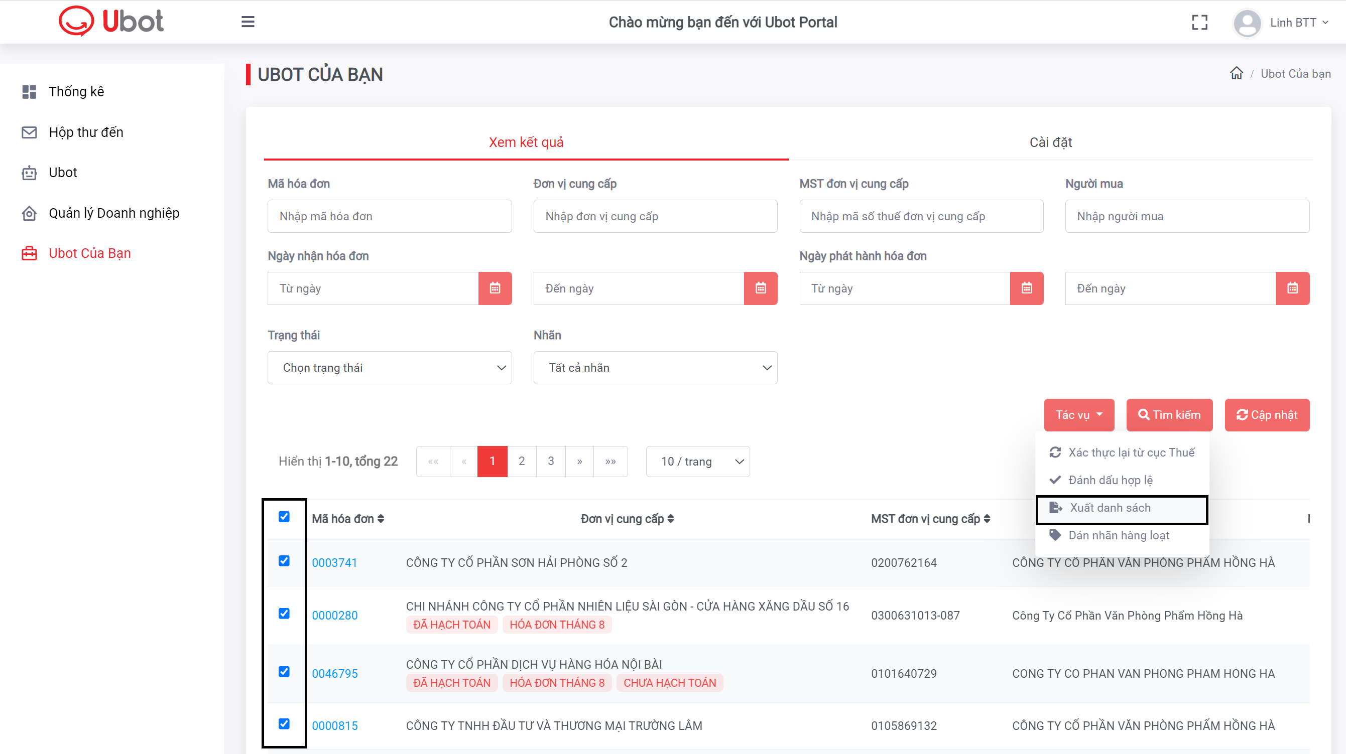 FPT UBot Invoice - Dong du lieu voi PMKT