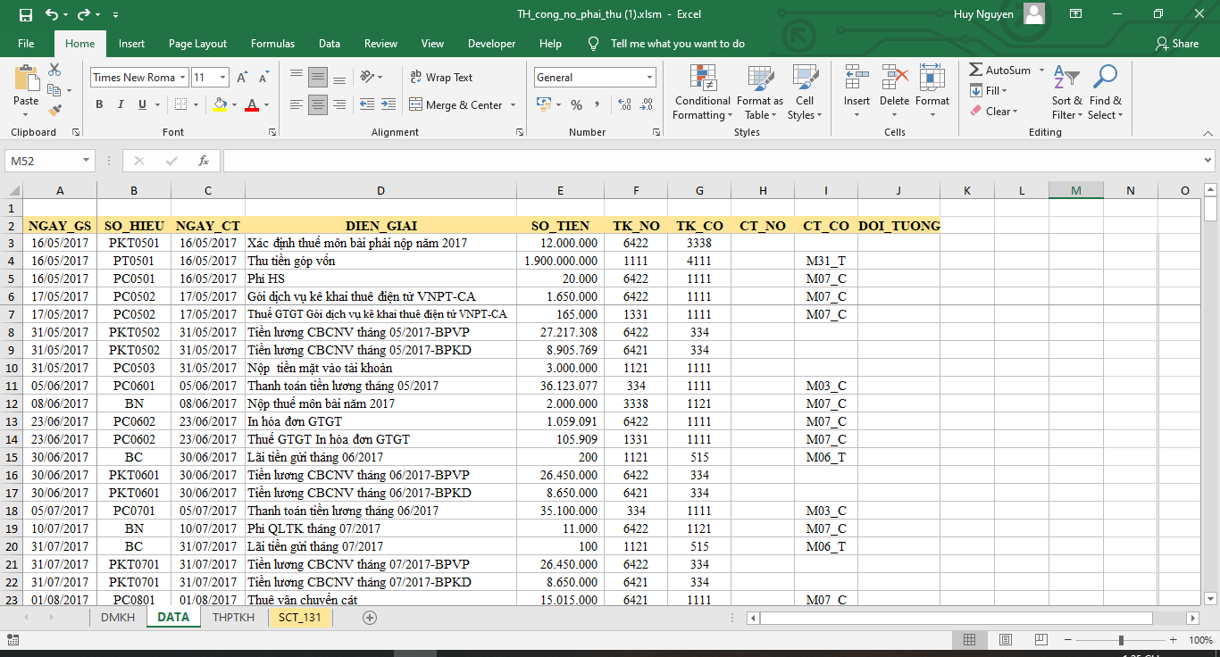 Data lập bảng tổng hợp công nợ