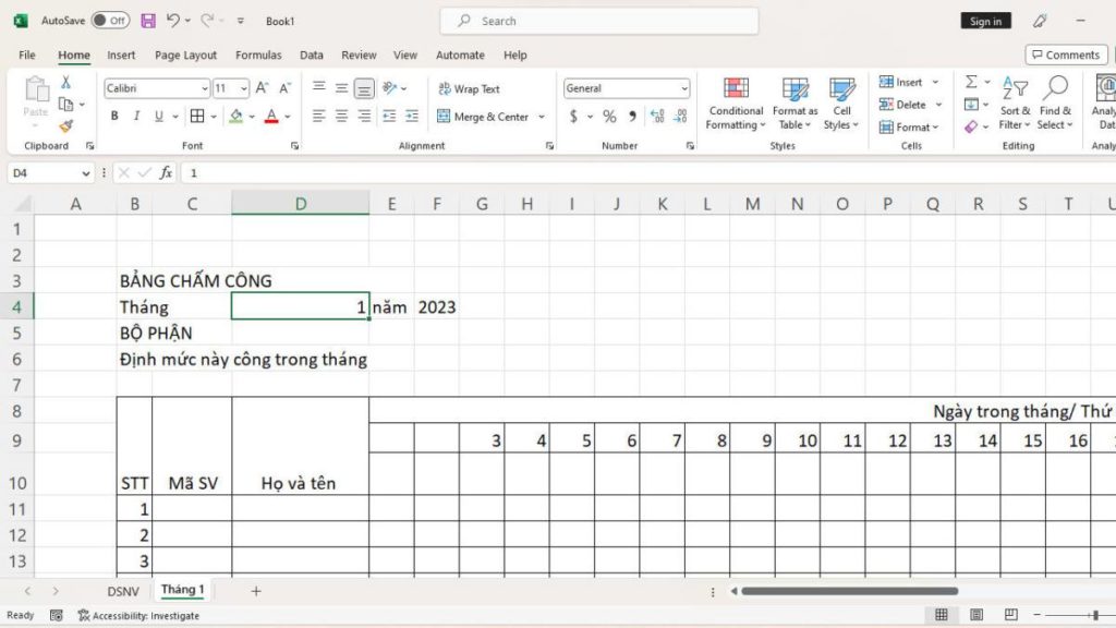 cách tạo bảng chấm công trong excel