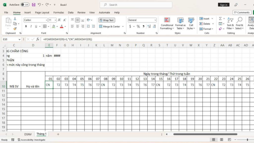 cách tạo bảng chấm công trong excel