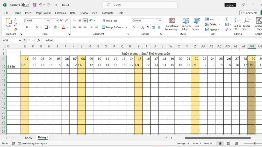 cách tạo bảng chấm công trong excel