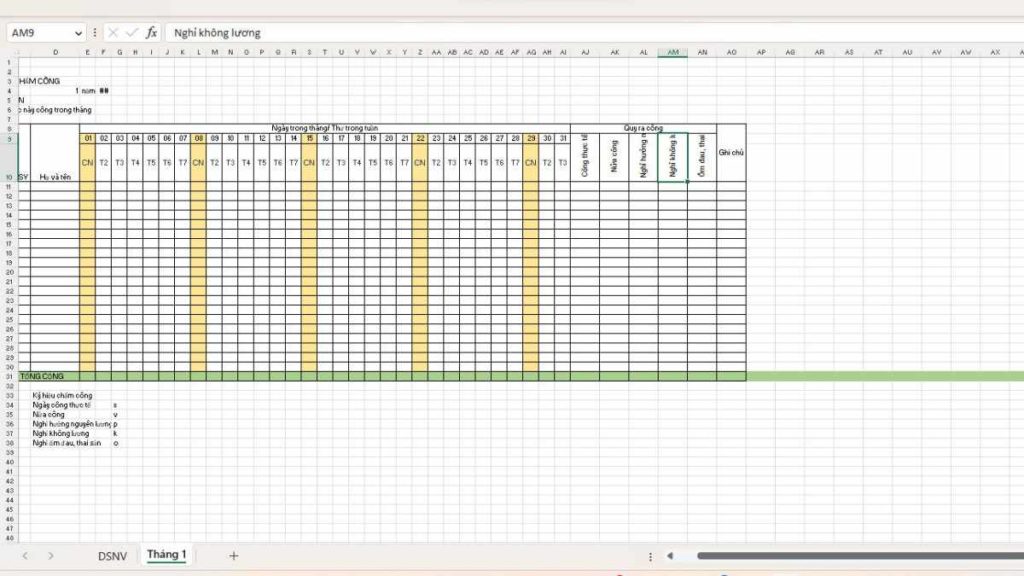 cách tạo bảng chấm công trong excel