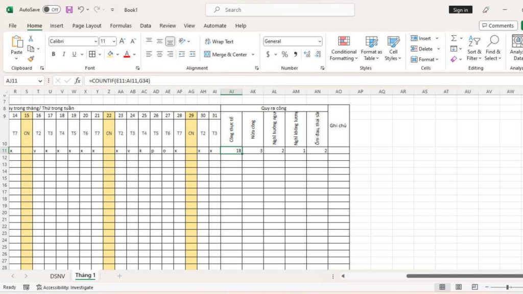 cách tạo bảng chấm công trong excel